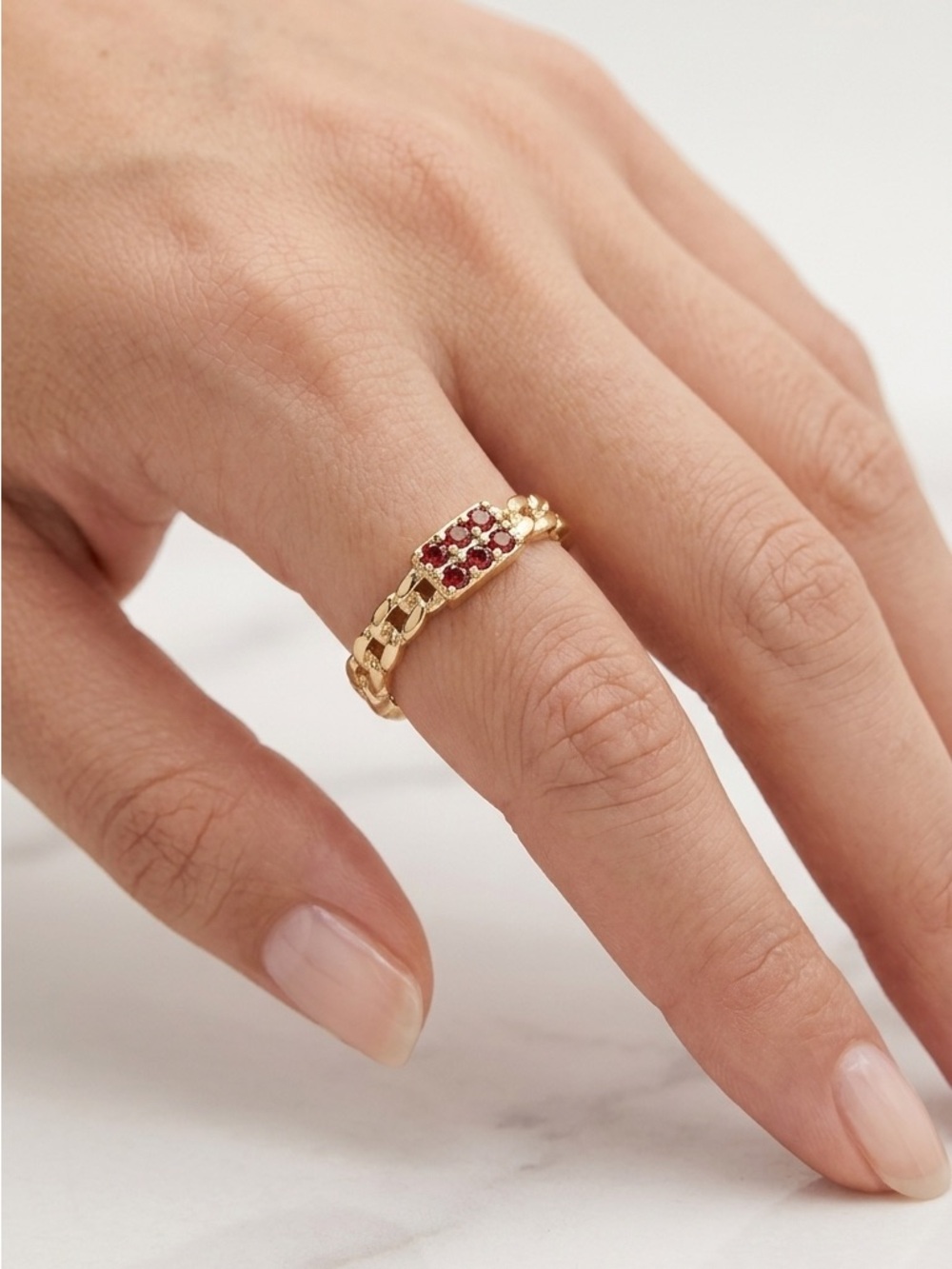 Gold Chain-Link Ring with Red Gemstone Accents